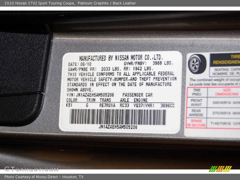 Platinum Graphite / Black Leather 2010 Nissan 370Z Sport Touring Coupe