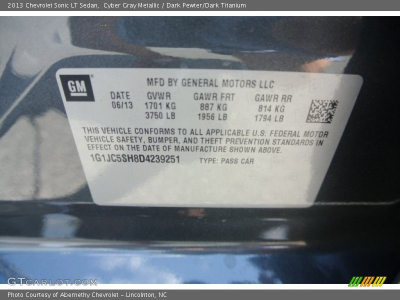 Cyber Gray Metallic / Dark Pewter/Dark Titanium 2013 Chevrolet Sonic LT Sedan