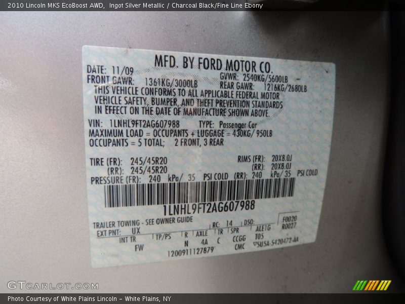 Ingot Silver Metallic / Charcoal Black/Fine Line Ebony 2010 Lincoln MKS EcoBoost AWD