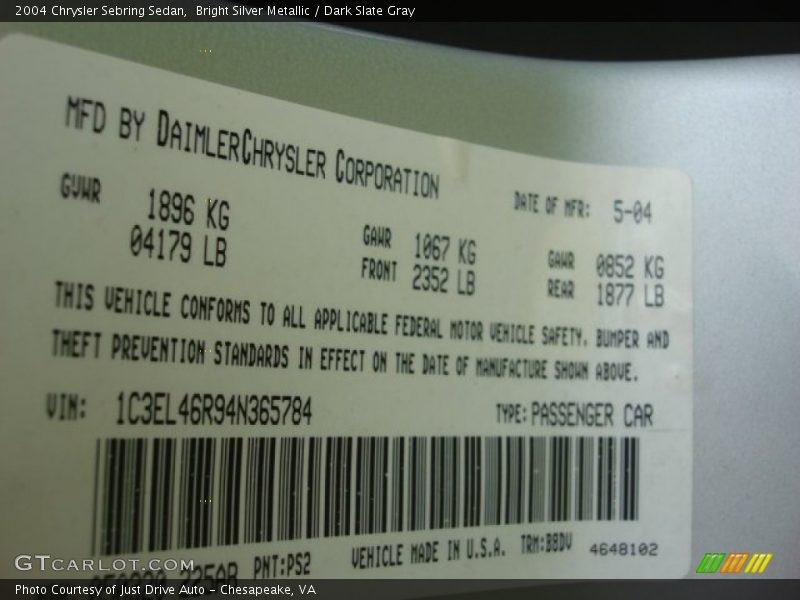 2004 Sebring Sedan Bright Silver Metallic Color Code PS2