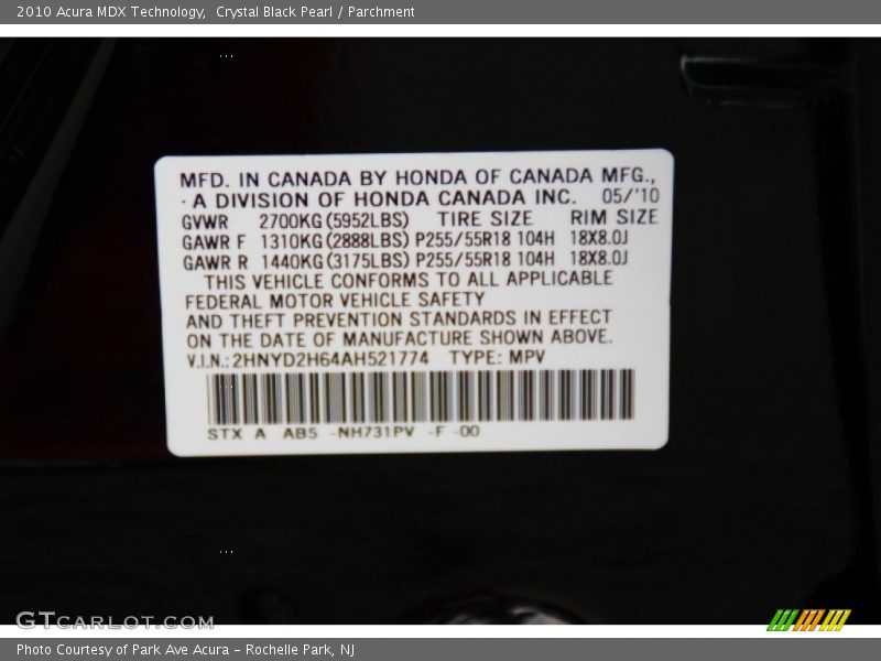 Crystal Black Pearl / Parchment 2010 Acura MDX Technology