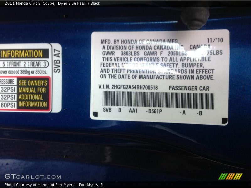 2011 Civic Si Coupe Dyno Blue Pearl Color Code B561P