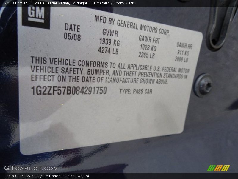 Midnight Blue Metallic / Ebony Black 2008 Pontiac G6 Value Leader Sedan