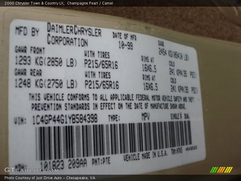 2000 Town & Country LX Champagne Pearl Color Code PTE