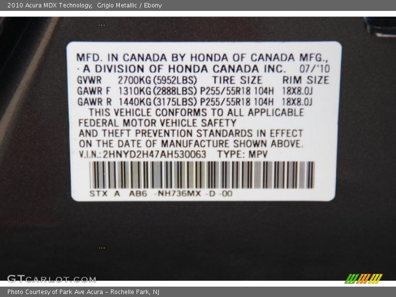 Grigio Metallic / Ebony 2010 Acura MDX Technology