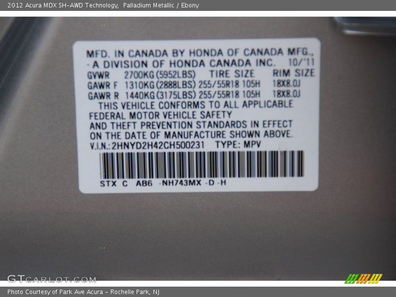 Palladium Metallic / Ebony 2012 Acura MDX SH-AWD Technology