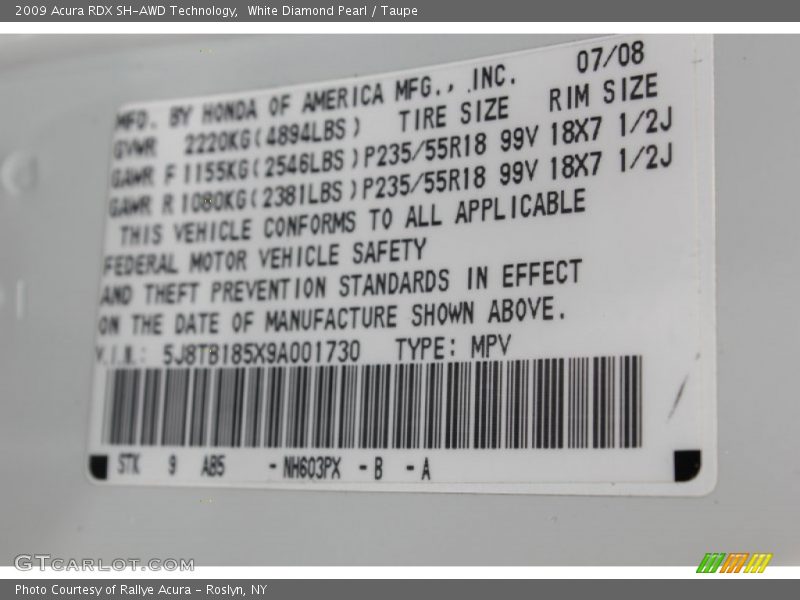White Diamond Pearl / Taupe 2009 Acura RDX SH-AWD Technology