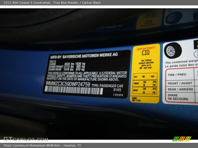 True Blue Metallic / Carbon Black 2013 Mini Cooper S Countryman