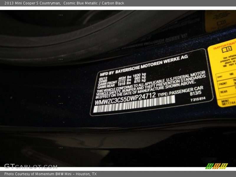 Cosmic Blue Metallic / Carbon Black 2013 Mini Cooper S Countryman