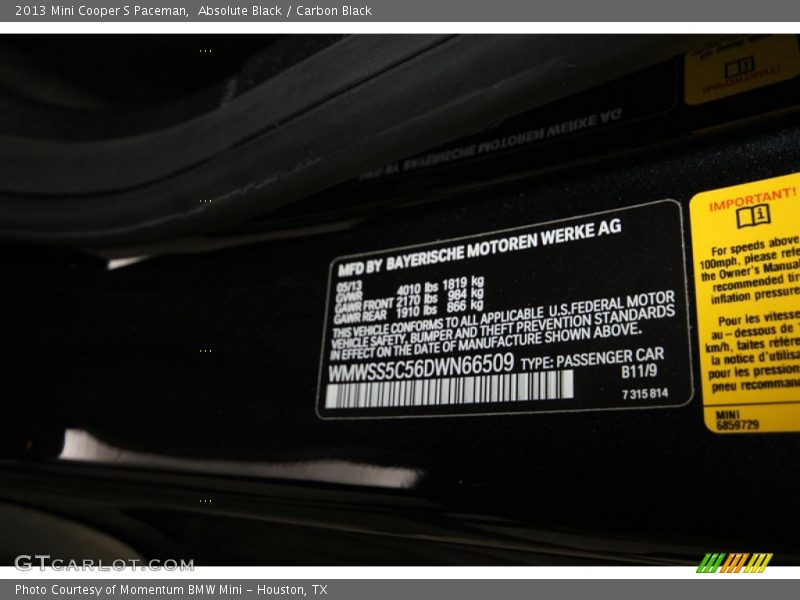 Absolute Black / Carbon Black 2013 Mini Cooper S Paceman