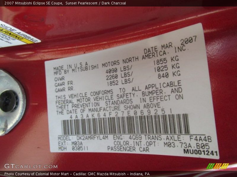 Sunset Pearlescent / Dark Charcoal 2007 Mitsubishi Eclipse SE Coupe