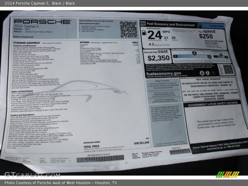  2014 Cayman S Window Sticker
