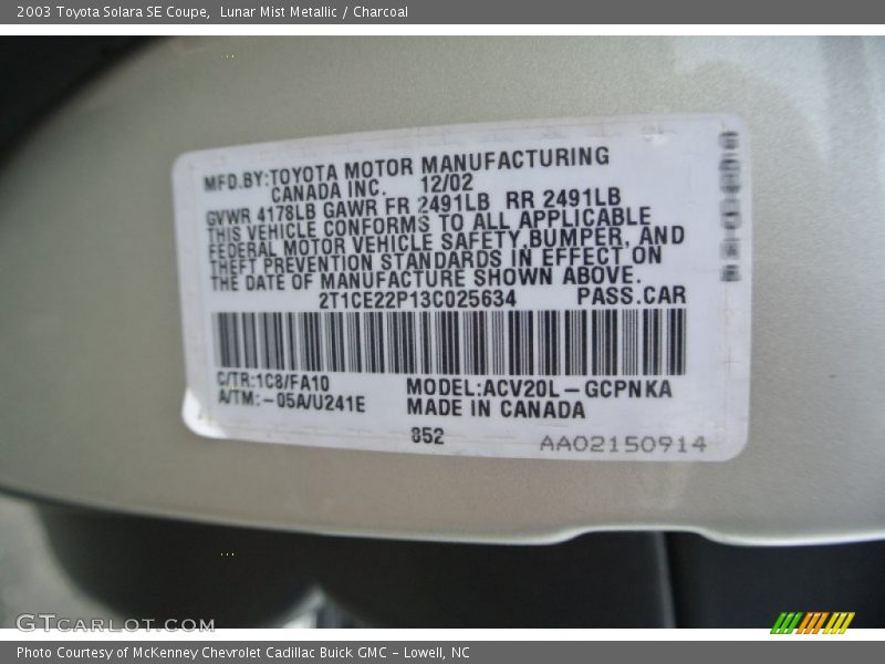 Lunar Mist Metallic / Charcoal 2003 Toyota Solara SE Coupe