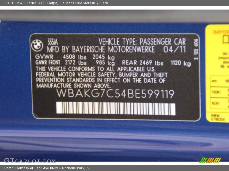 Info Tag of 2011 3 Series 335i Coupe