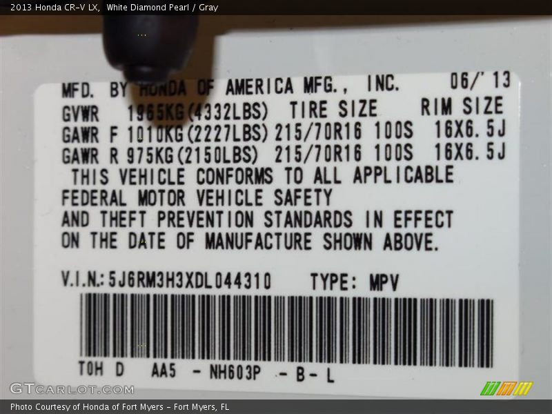 White Diamond Pearl / Gray 2013 Honda CR-V LX
