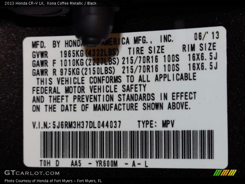 Kona Coffee Metallic / Black 2013 Honda CR-V LX