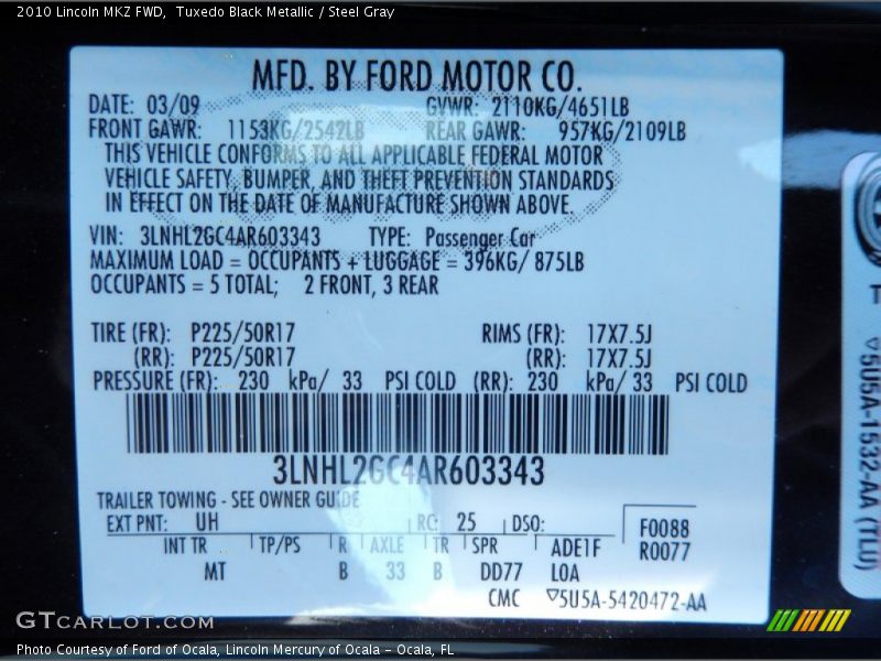 Tuxedo Black Metallic / Steel Gray 2010 Lincoln MKZ FWD