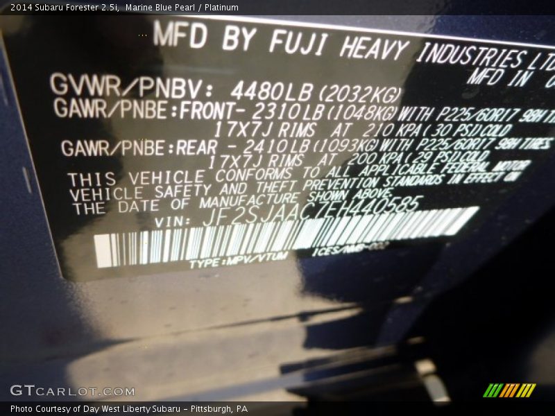 Marine Blue Pearl / Platinum 2014 Subaru Forester 2.5i
