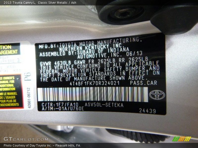 Classic Silver Metallic / Ash 2013 Toyota Camry L