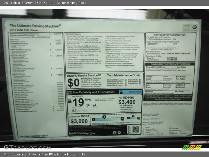  2013 7 Series 750Li Sedan Window Sticker