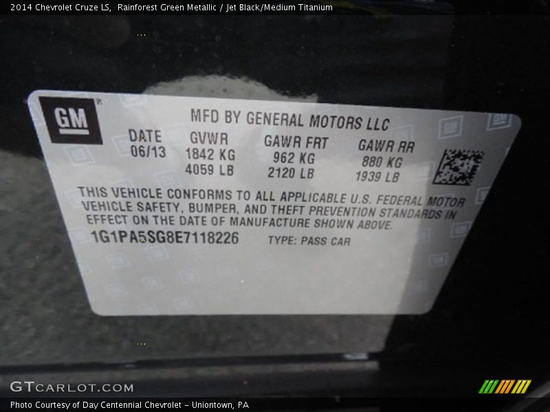 Rainforest Green Metallic / Jet Black/Medium Titanium 2014 Chevrolet Cruze LS