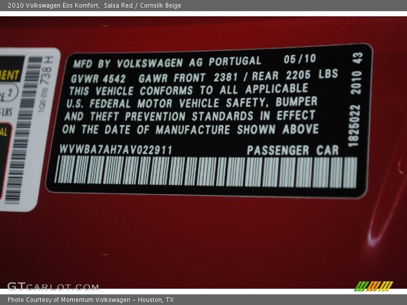 Salsa Red / Cornsilk Beige 2010 Volkswagen Eos Komfort