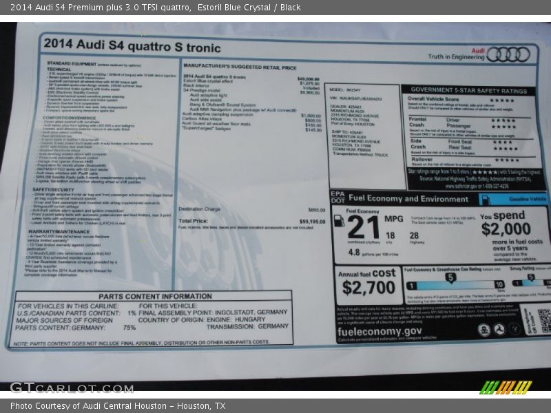  2014 S4 Premium plus 3.0 TFSI quattro Window Sticker