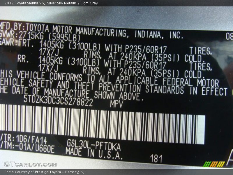 Silver Sky Metallic / Light Gray 2012 Toyota Sienna V6