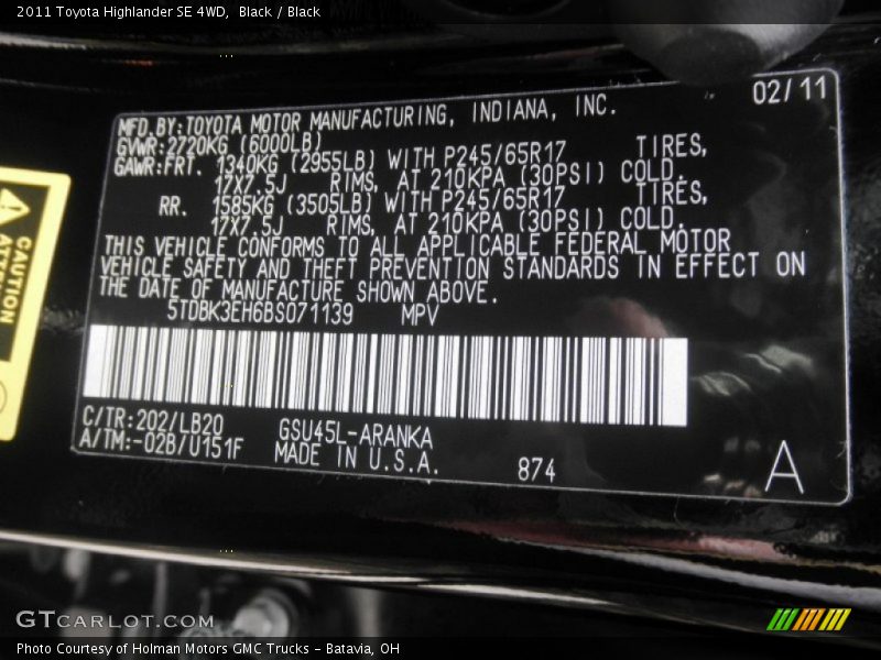 Black / Black 2011 Toyota Highlander SE 4WD