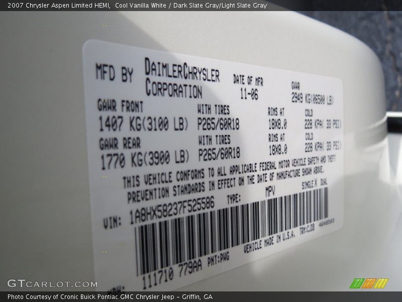 Cool Vanilla White / Dark Slate Gray/Light Slate Gray 2007 Chrysler Aspen Limited HEMI