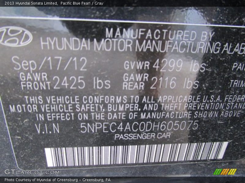 Pacific Blue Pearl / Gray 2013 Hyundai Sonata Limited