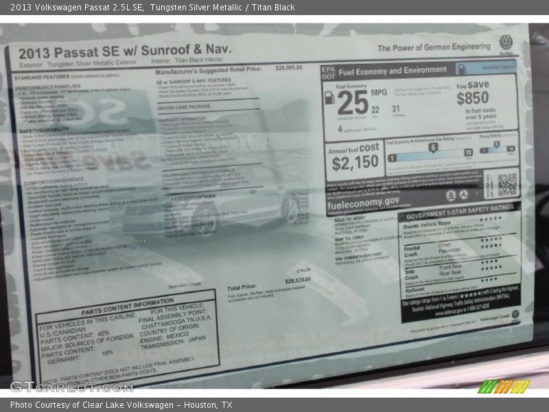 Tungsten Silver Metallic / Titan Black 2013 Volkswagen Passat 2.5L SE