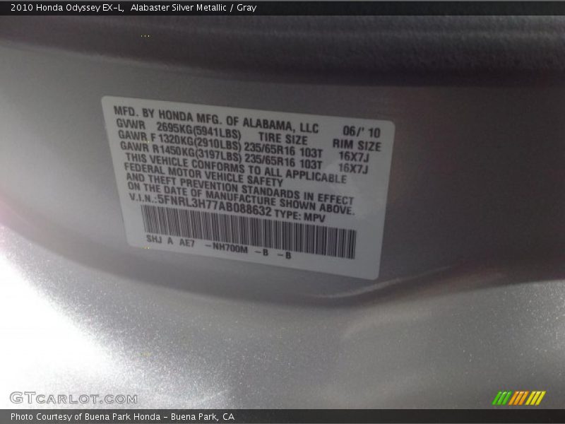 Alabaster Silver Metallic / Gray 2010 Honda Odyssey EX-L