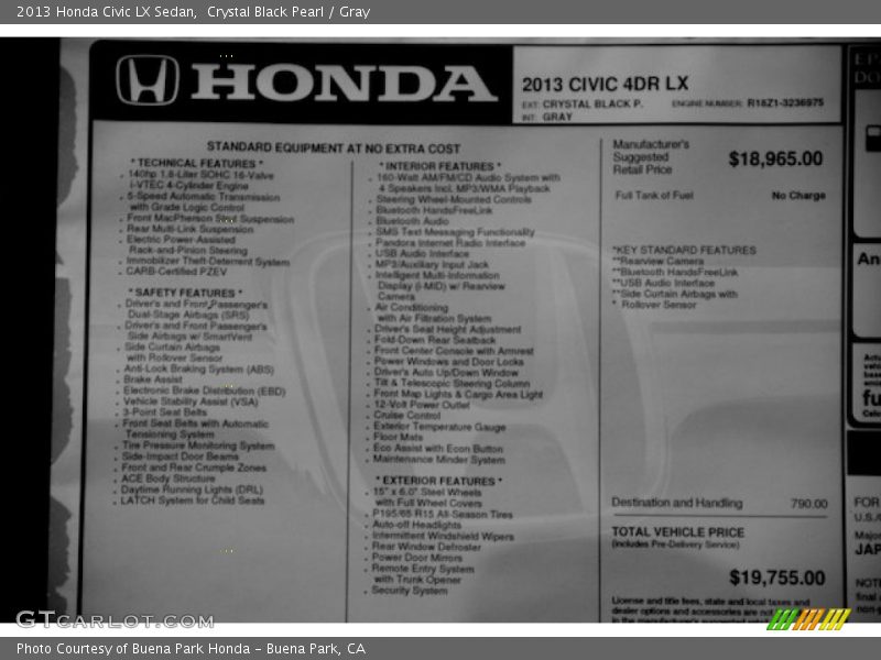 Crystal Black Pearl / Gray 2013 Honda Civic LX Sedan