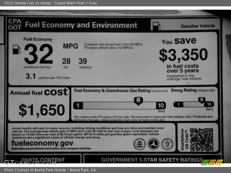 Crystal Black Pearl / Gray 2013 Honda Civic LX Sedan