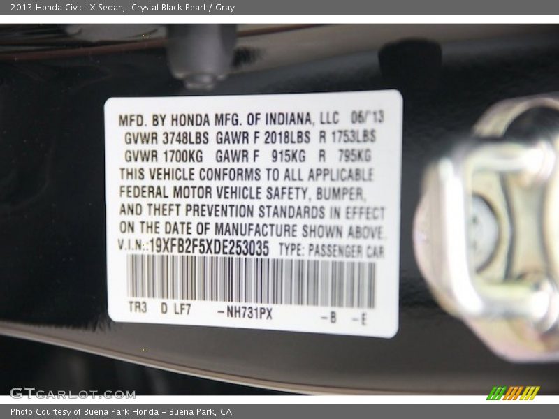Crystal Black Pearl / Gray 2013 Honda Civic LX Sedan