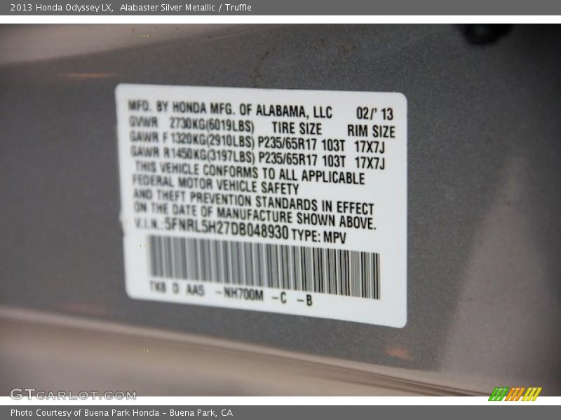 Alabaster Silver Metallic / Truffle 2013 Honda Odyssey LX