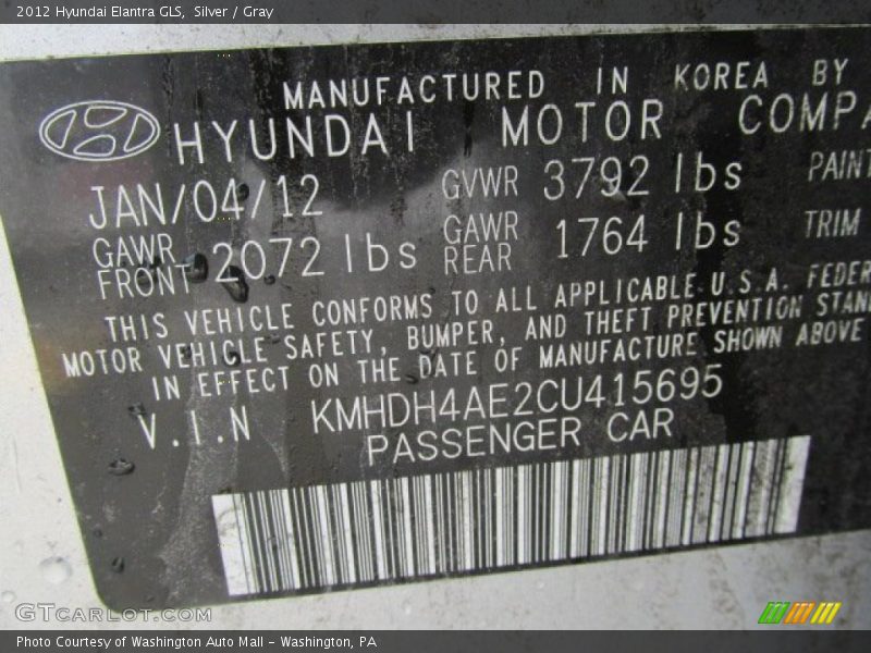 Silver / Gray 2012 Hyundai Elantra GLS