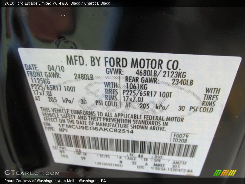 Black / Charcoal Black 2010 Ford Escape Limited V6 4WD