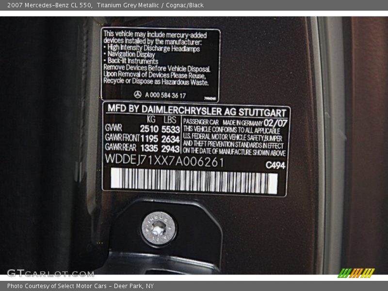 2007 CL 550 Titanium Grey Metallic Color Code 494