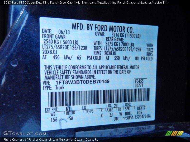 2013 F350 Super Duty King Ranch Crew Cab 4x4 Blue Jeans Metallic Color Code N1