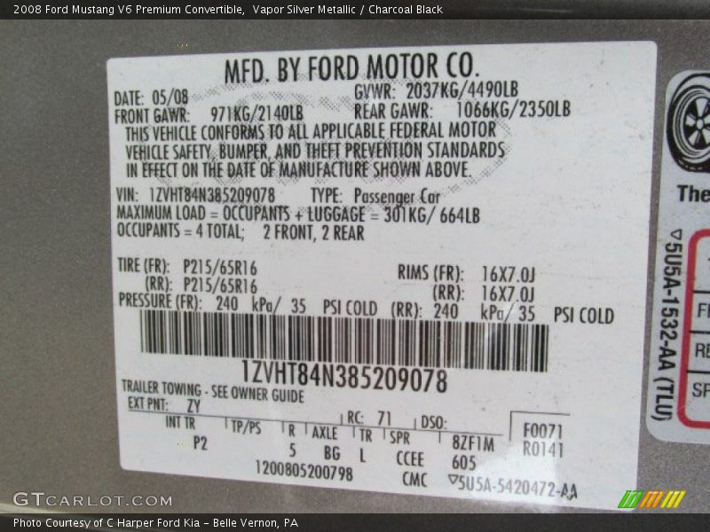 Vapor Silver Metallic / Charcoal Black 2008 Ford Mustang V6 Premium Convertible