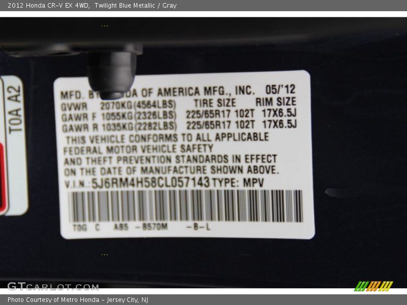Twilight Blue Metallic / Gray 2012 Honda CR-V EX 4WD