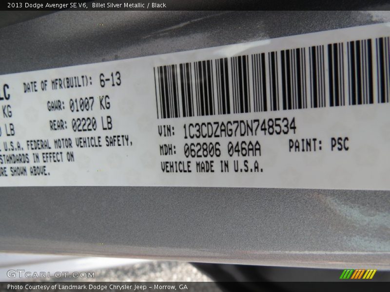 Billet Silver Metallic / Black 2013 Dodge Avenger SE V6