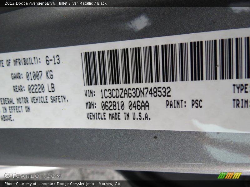 Billet Silver Metallic / Black 2013 Dodge Avenger SE V6