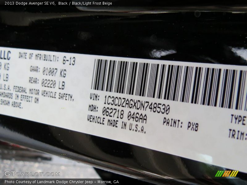 Black / Black/Light Frost Beige 2013 Dodge Avenger SE V6