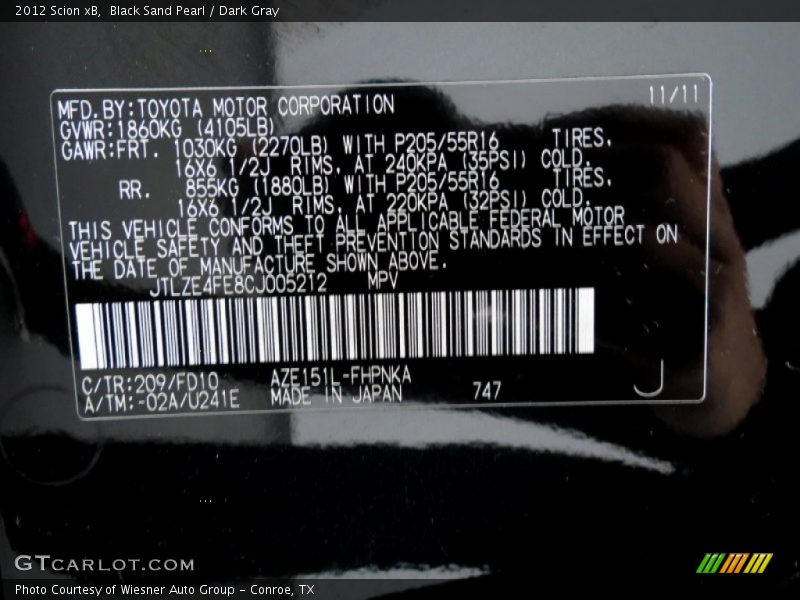 2012 xB  Black Sand Pearl Color Code 209