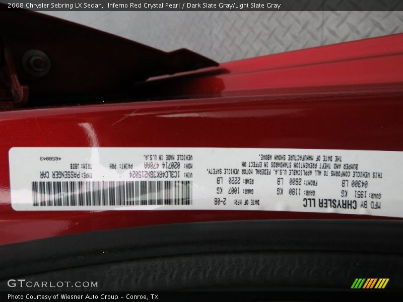 Inferno Red Crystal Pearl / Dark Slate Gray/Light Slate Gray 2008 Chrysler Sebring LX Sedan