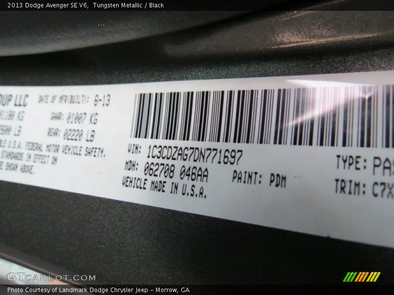 Tungsten Metallic / Black 2013 Dodge Avenger SE V6