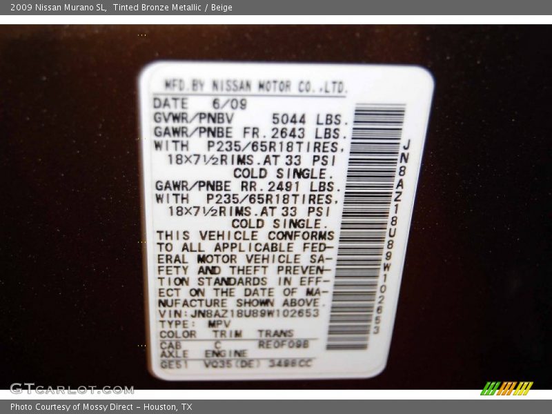 Tinted Bronze Metallic / Beige 2009 Nissan Murano SL